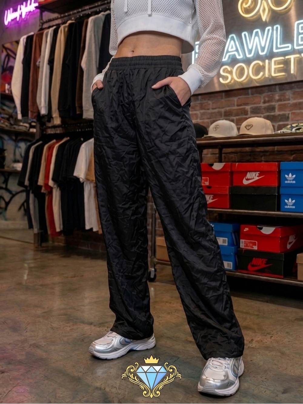 COLLUSION Black Satin Crinkle Effect High Waist Pants Wide Leg Loungewear